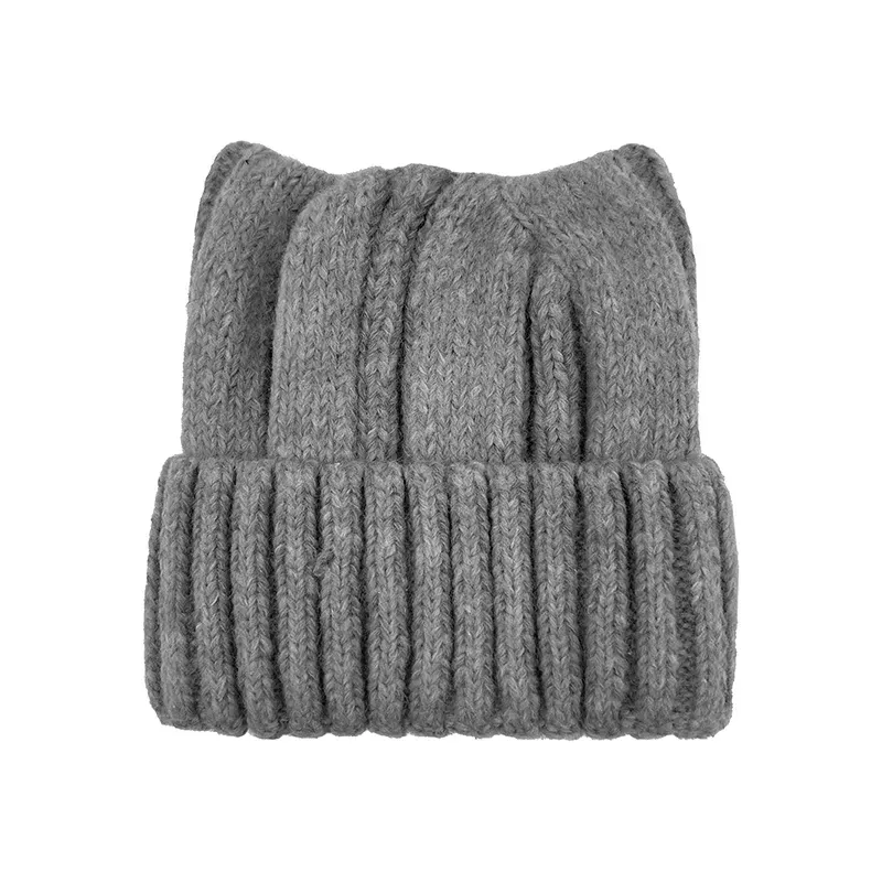 Custom Cat Ear Beanie: Wholesale Cable-Knit Winter Hat Grey
