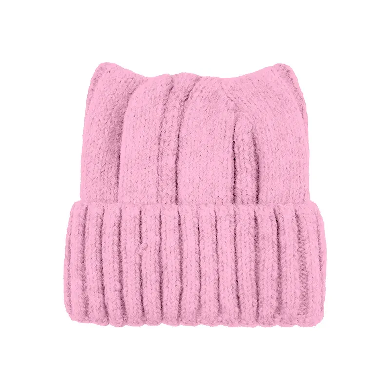 Custom Cat Ear Beanie: Wholesale Cable-Knit Winter Hat Pink