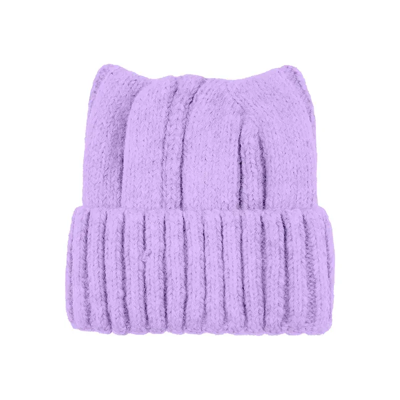 Custom Cat Ear Beanie: Wholesale Cable-Knit Winter Hat Purple
