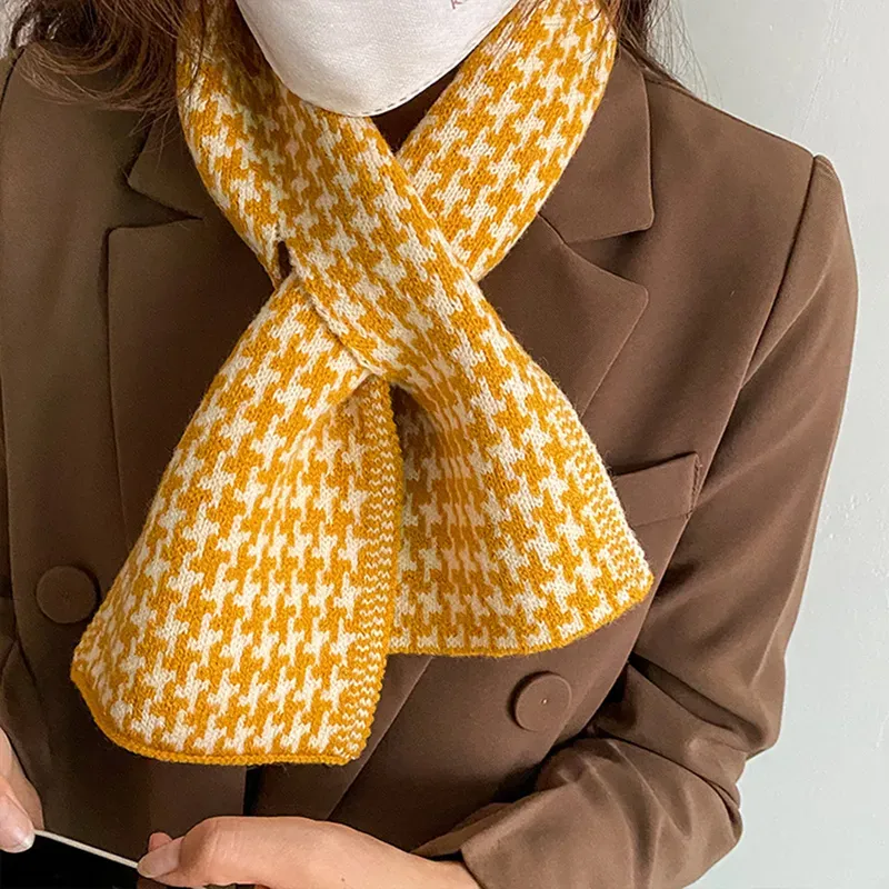 custom-houndstooth-knit-scarf-wholesale-skinny-muffler-yellow