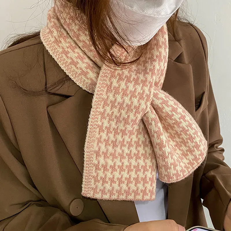 custom-houndstooth-knit-scarf-wholesale-skinny-muffler-pink