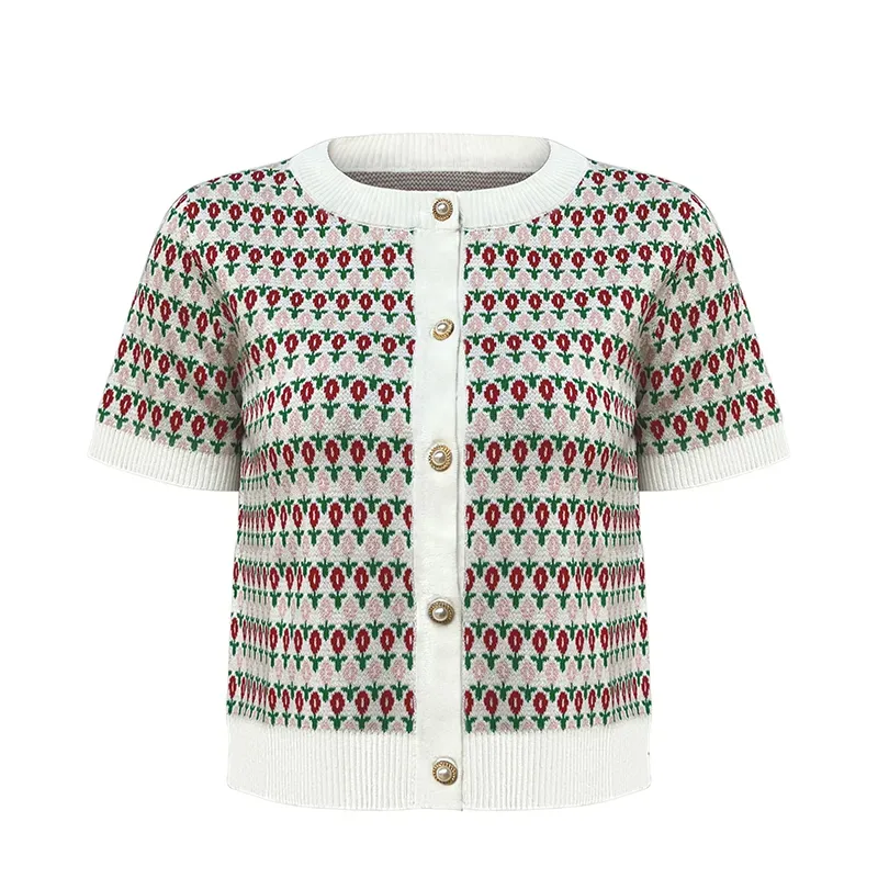 custom-vintage-floral-jacquard-knit-short-cardigan-red