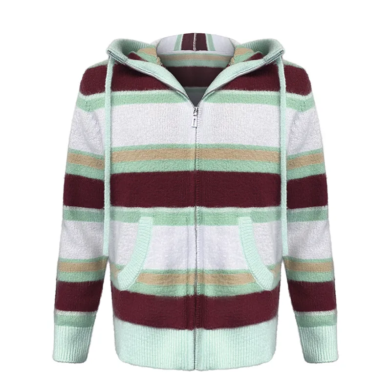 custom-striped-zip-up-hooded-knit-cardigan-green