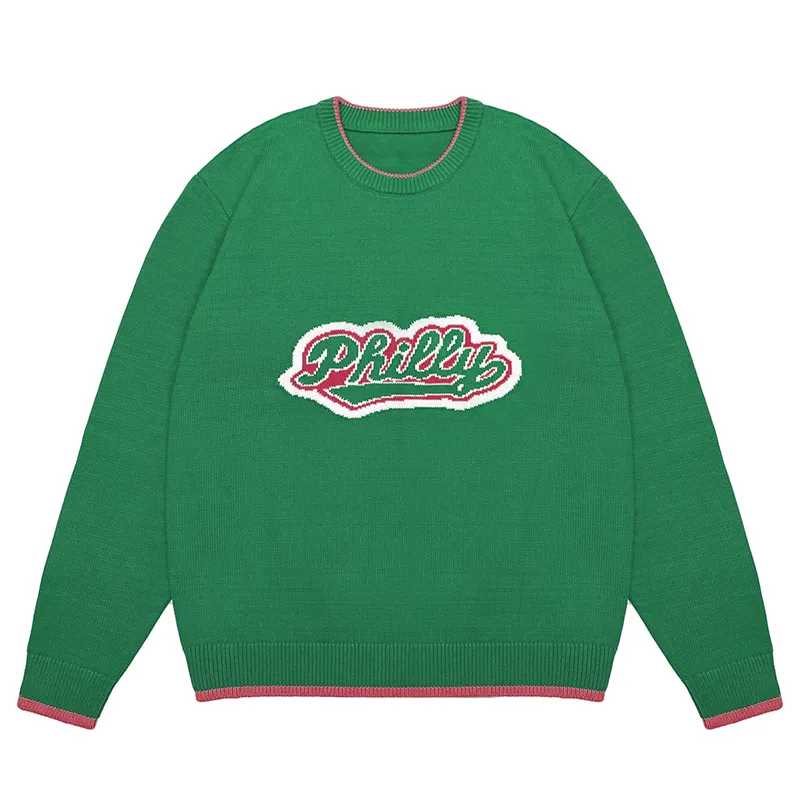 custom-graphic-letter-knit-sweater-with-contrast-trim-green