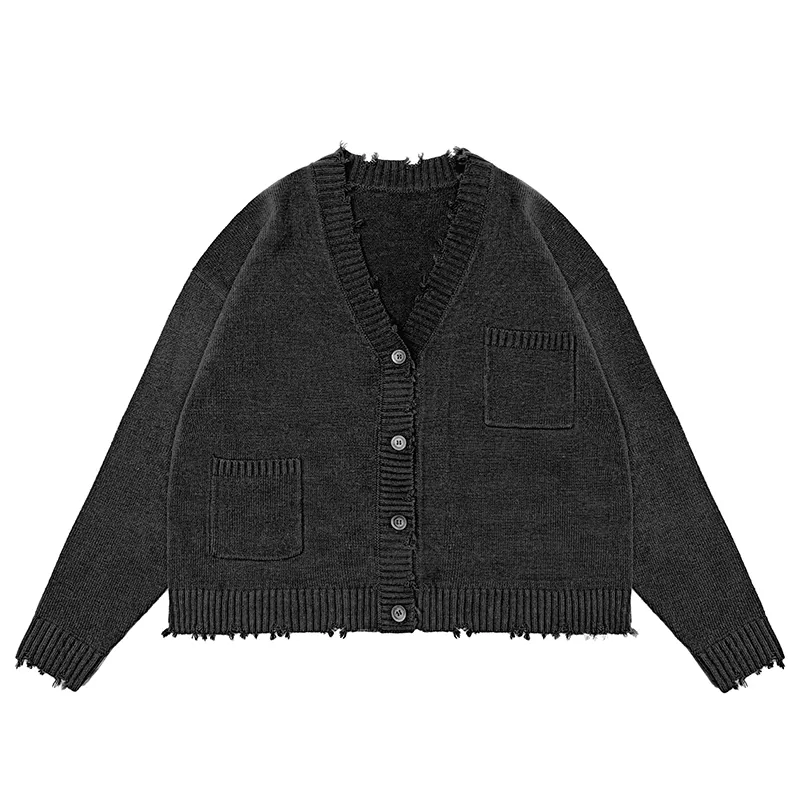 custom-distressed-v-neck-grunge-knit-cardigan-black