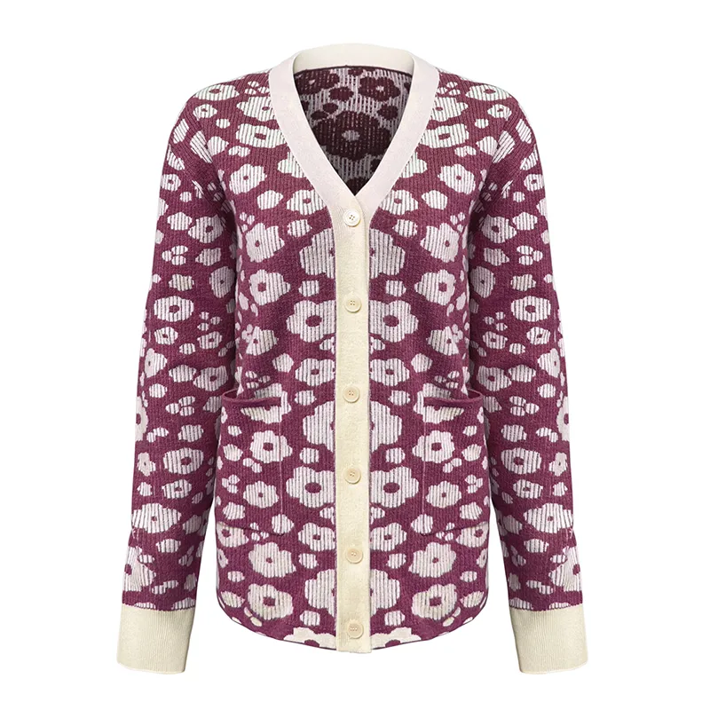 custom-floral-jacquard-v-neck-knit-cardigan-red