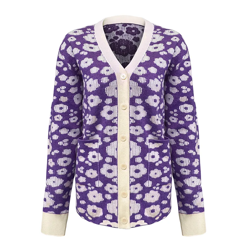 custom-floral-jacquard-v-neck-knit-cardigan-purple
