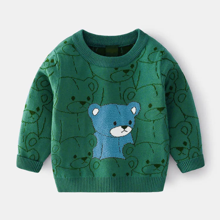 custom-kids-bear-pattern-jacquard-knit-sweater-dark-green