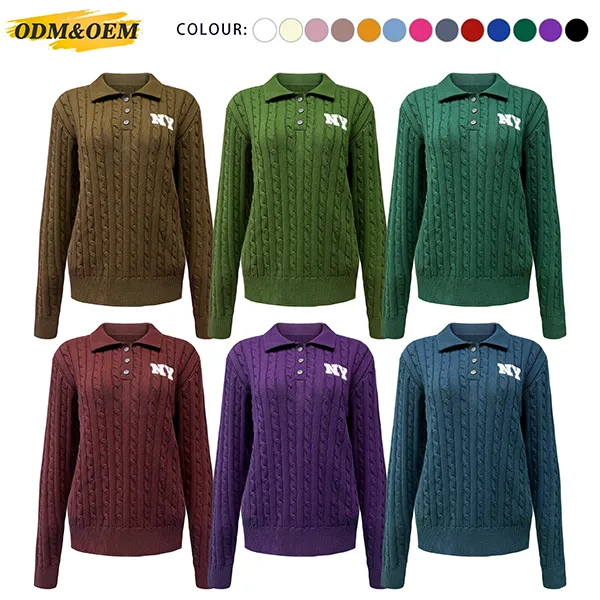 cable knit varsity polo pullover with button placket