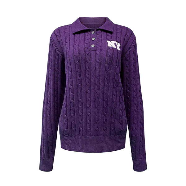 cable knit varsity polo pullover with button placket purple