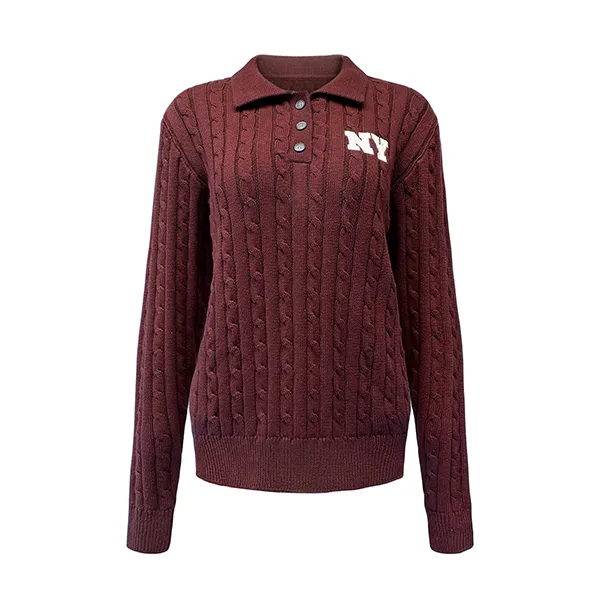 cable knit varsity polo pullover with button placket red