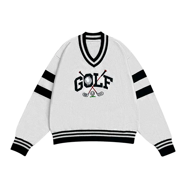 v-neck golf graphic knit pullover black and white