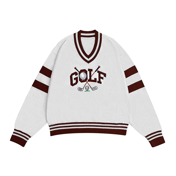 v-neck golf graphic knit pullover black and red
