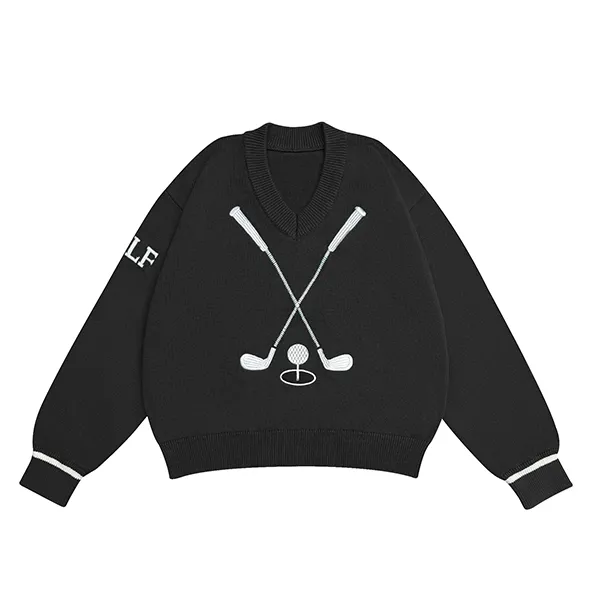 v-neck golf embroidered knit pullover black