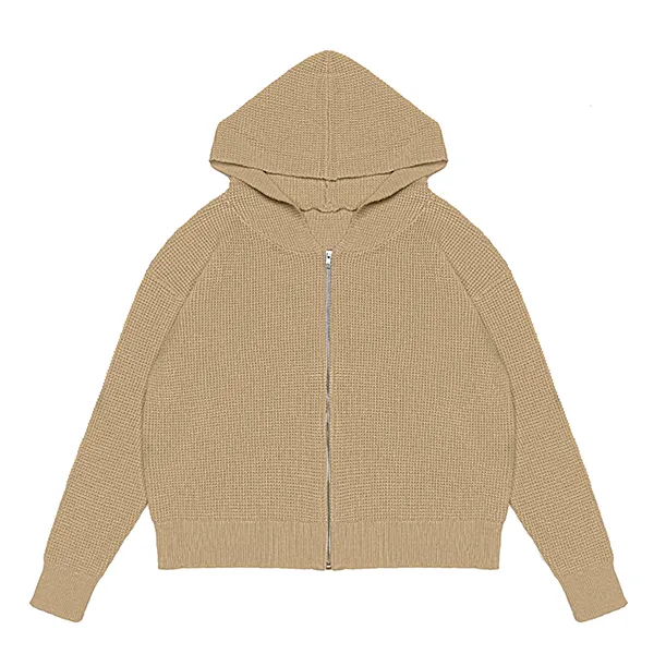 full zip waffle knit hoodie with raglan sleeves brown