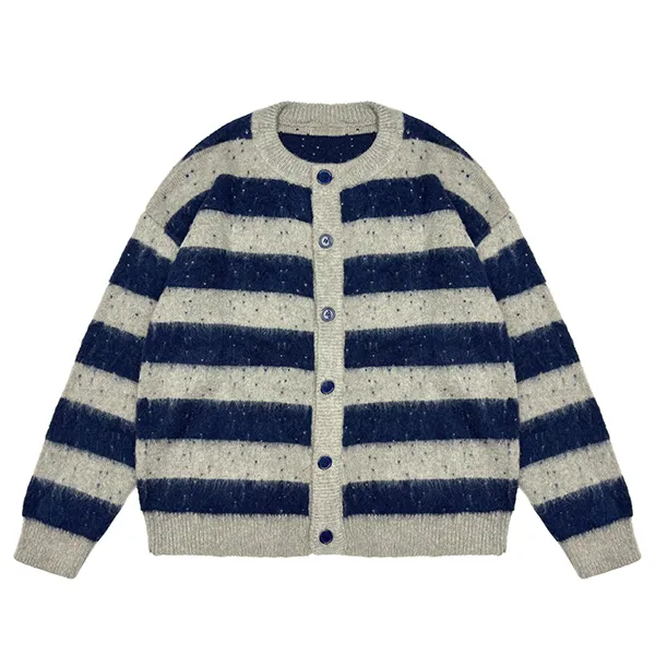 relaxed fuzzy striped knit cardigan with button blue