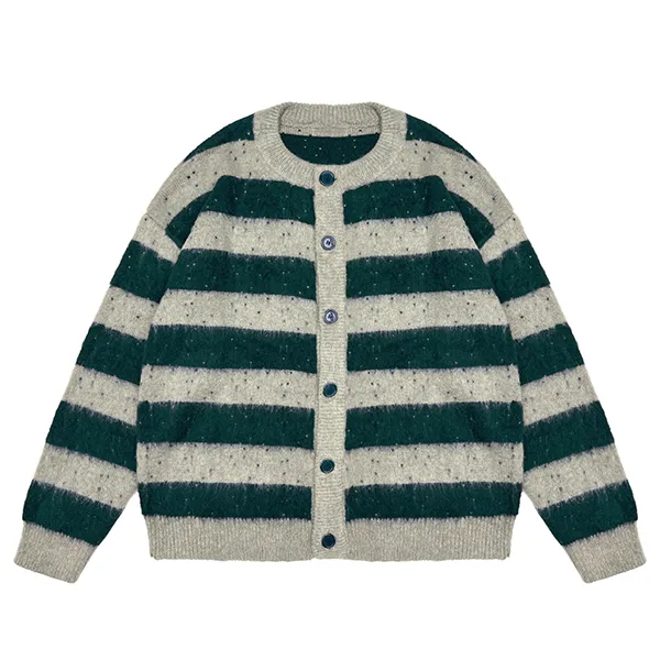 relaxed fuzzy striped knit cardigan with button green