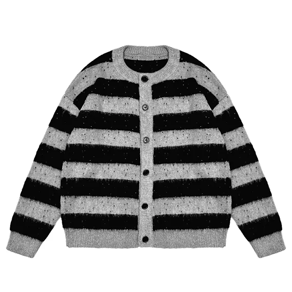 relaxed fuzzy striped knit cardigan with button black