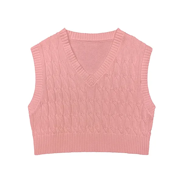 v-neck cable knit sleeveless crop vest pink
