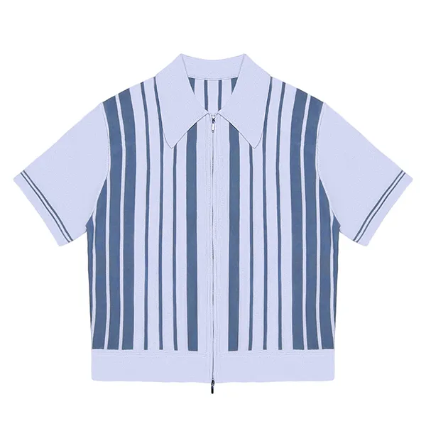 short sleeve vertical stripe zip knit polo blue