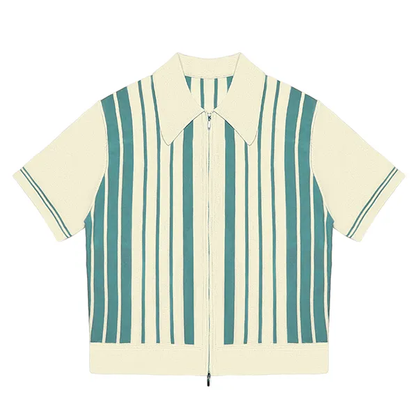 short sleeve vertical stripe zip knit polo green