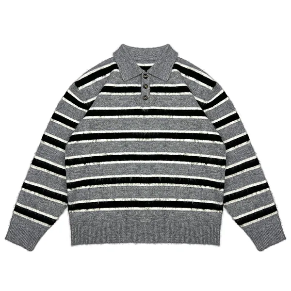 relaxed fuzzy striped knit polo sweater grey