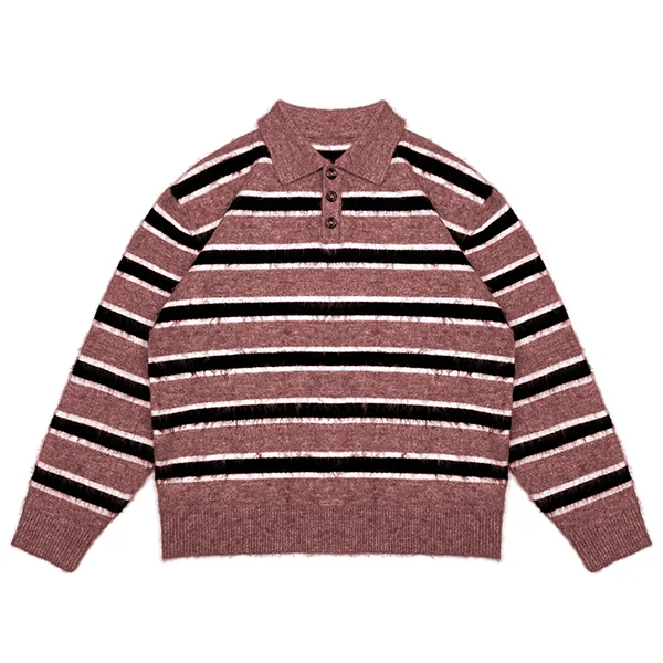 relaxed fuzzy striped knit polo sweater red