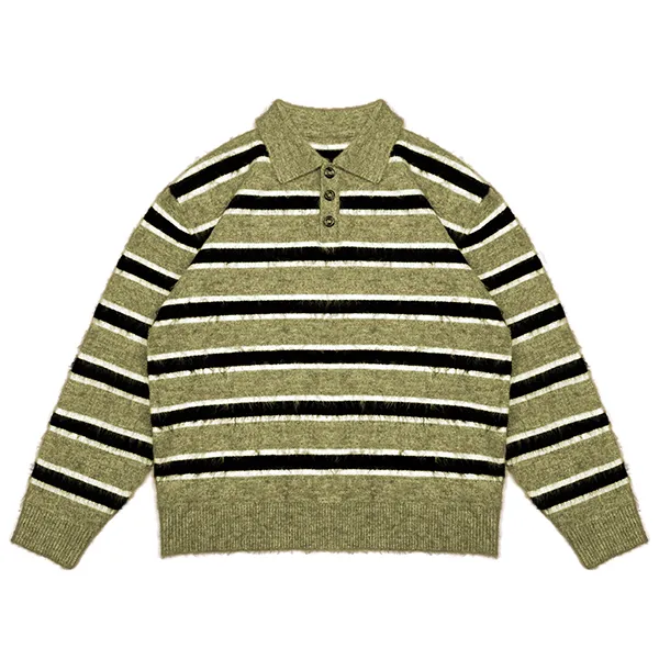 relaxed fuzzy striped knit polo sweater yellow
