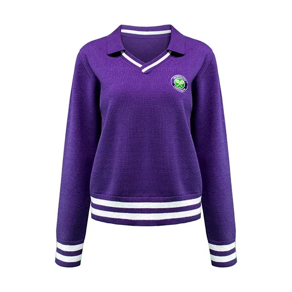 v neck varsity knit pullover with emblem patch purple