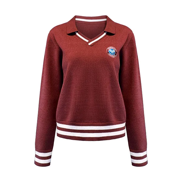 v neck varsity knit pullover with emblem patch red