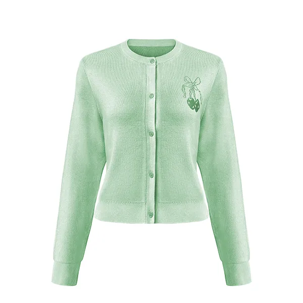 crew neck cherry embroidered knit cardigan green