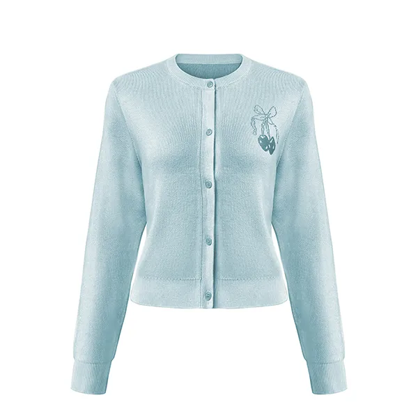 crew neck cherry embroidered knit cardigan blue