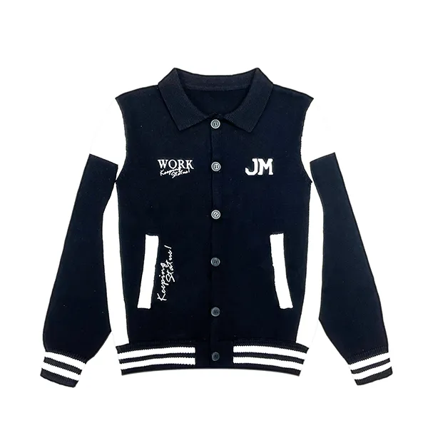 varsity knit button-down jacket with graphic text