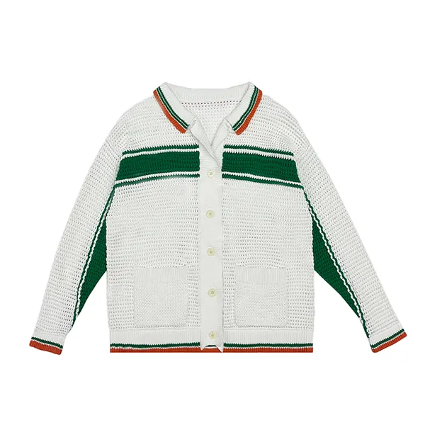green relaxed collared knit cardigan with pockets