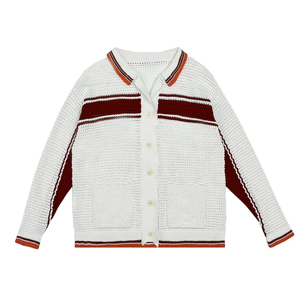 red relaxed collared knit cardigan with pockets
