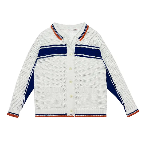 blue relaxed collared knit cardigan with pockets