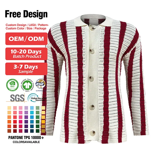 red pointelle vertical stripe knit jacket with buttons