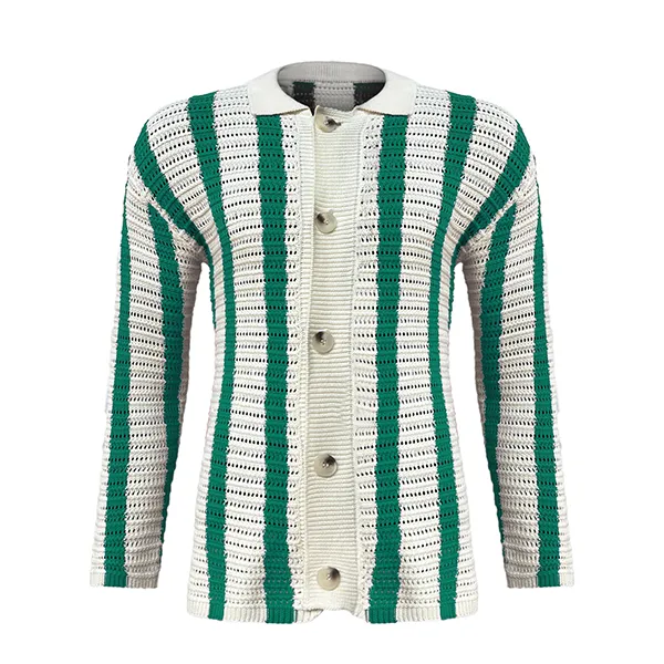 green pointelle vertical stripe knit jacket with buttons