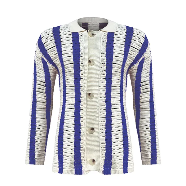 blue pointelle vertical stripe knit jacket with buttons