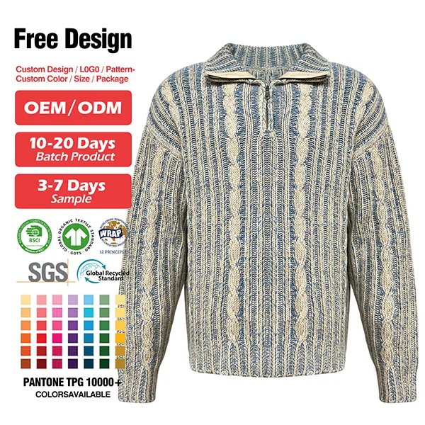 blue half zip cable knit drop shoulder polo