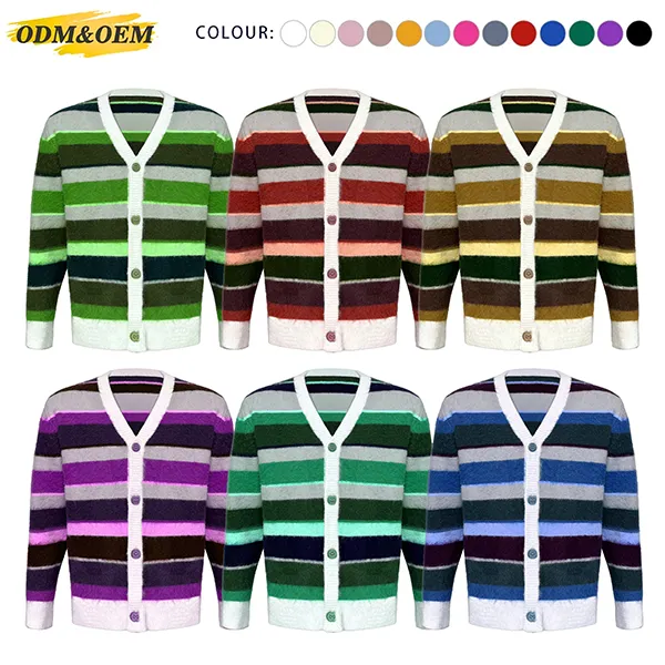 vintage striped fuzzy v-neck knit jacket all colors