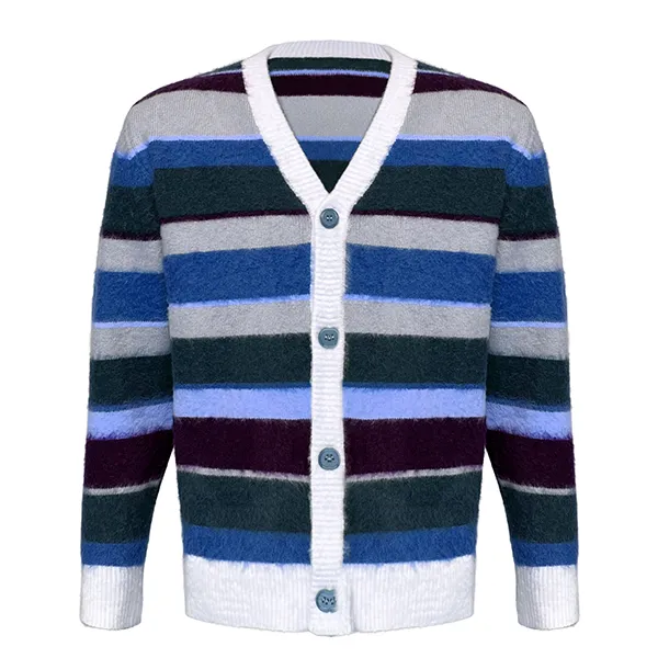 blue vintage striped fuzzy v-neck knit jacket