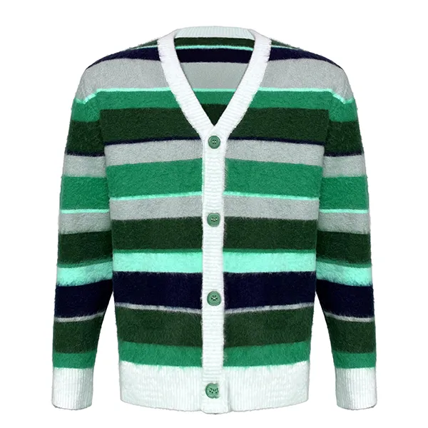 green vintage striped fuzzy v-neck knit jacket