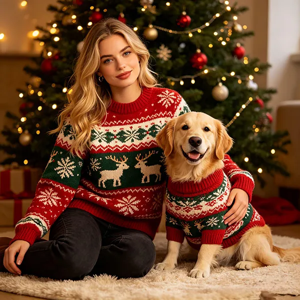 festive christmas reindeer jacquard pet and owner sweater near tree