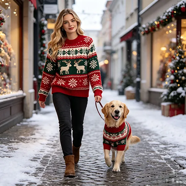 festive christmas reindeer pet and owner sweater outdoor walking scene