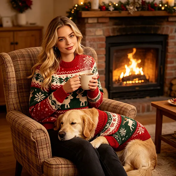 matching christmas reindeer knit pullover for woman and dog by fireplace