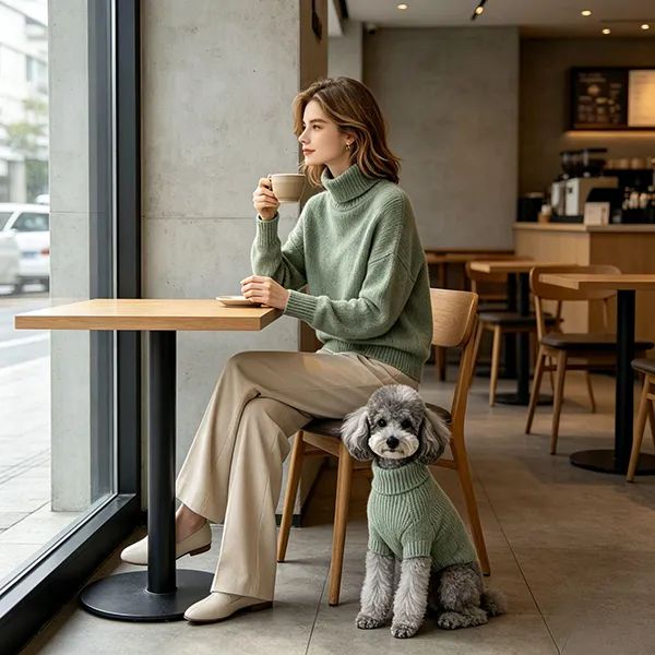 oversized turtleneck pet and owner sweater at cafe scene