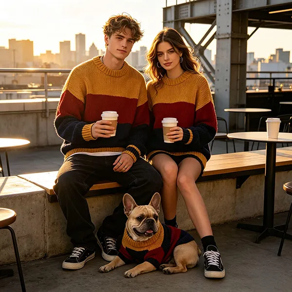 color-blocked crewneck family and pet matching sweater rooftop view