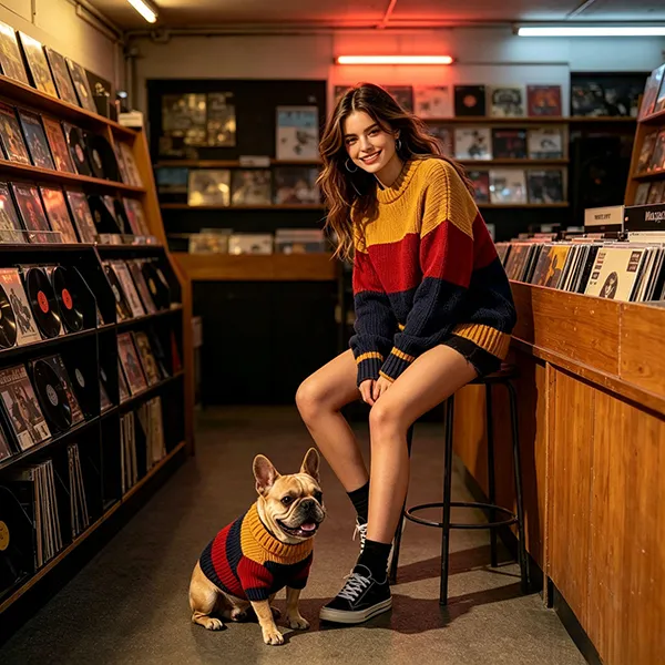 matching color-blocked knit pullover for woman and dog in record store