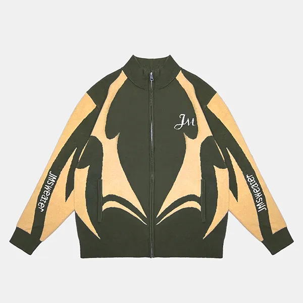 graphic jacquard full-zip knit jacket streetwear cardigan yellow